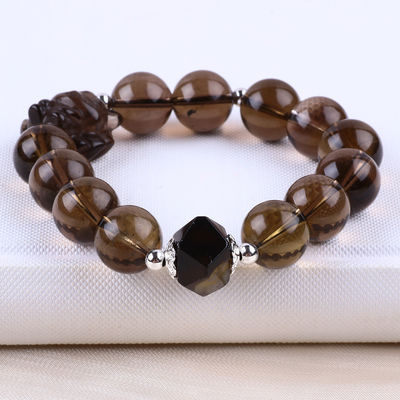 14mm Smoky Quartz Crystal Bead Bracelet com escultura de raposa de nove caudas