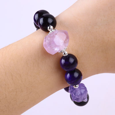 14mm Smoky Quartz Crystal Bead Bracelet com escultura de raposa de nove caudas