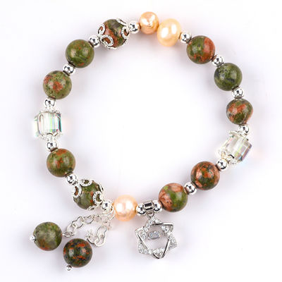 Pedra de Unakite e Pérola Rosa com Encanto de Estrela Balança de Cura Pulseira de Pérola Para Presente de jóias
