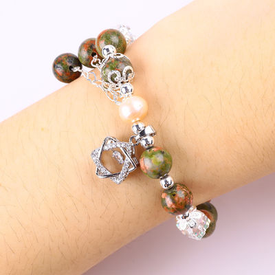 Pedra de Unakite e Pérola Rosa com Encanto de Estrela Balança de Cura Pulseira de Pérola Para Presente de jóias