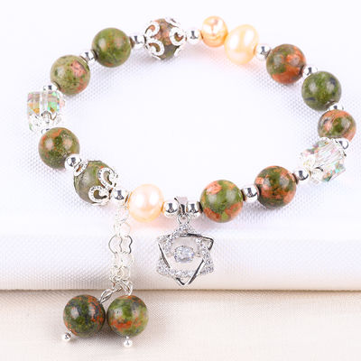 Pedra de Unakite e Pérola Rosa com Encanto de Estrela Balança de Cura Pulseira de Pérola Para Presente de jóias