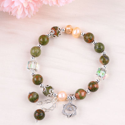 Pedra de Unakite e Pérola Rosa com Encanto de Estrela Balança de Cura Pulseira de Pérola Para Presente de jóias