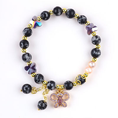 8MM Pedra Natural Curativa Floco de Neve Obsidiana com Pulseira de Borboleta Roxa