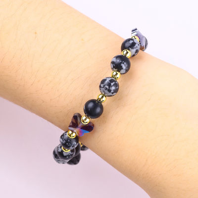 8MM Pedra Natural Curativa Floco de Neve Obsidiana com Pulseira de Borboleta Roxa