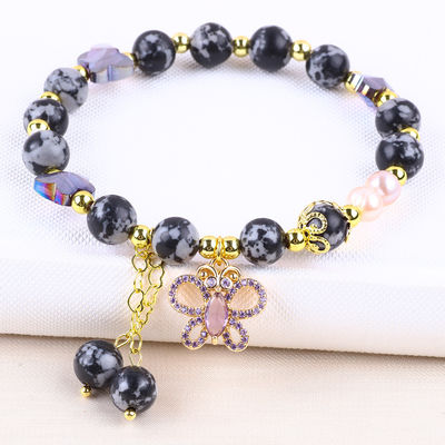 8MM Pedra Natural Curativa Floco de Neve Obsidiana com Pulseira de Borboleta Roxa