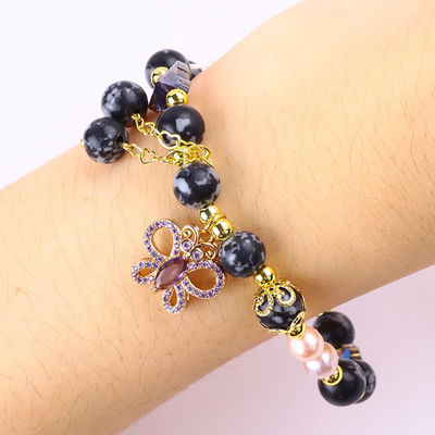 8MM Pedra Natural Curativa Floco de Neve Obsidiana com Pulseira de Borboleta Roxa
