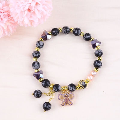 8MM Pedra Natural Curativa Floco de Neve Obsidiana com Pulseira de Borboleta Roxa