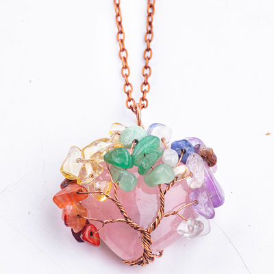 Rosa Quartz Forma de Coração Árvore de Cristal Chakra Gem Necklace