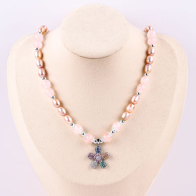 Colar de água doce de pérola de quartzo rosa 6 mm de contas de cristal Colar de suéter