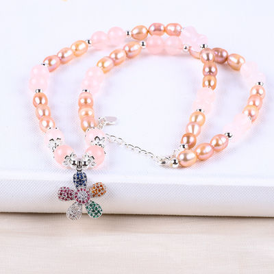 Colar de água doce de pérola de quartzo rosa 6 mm de contas de cristal Colar de suéter