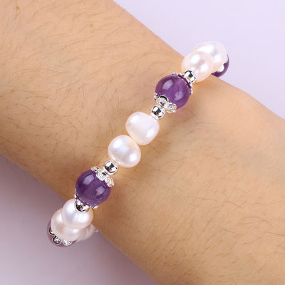8mm Ametista Cristal Branco de Água Fresca Pulseira de Pérola