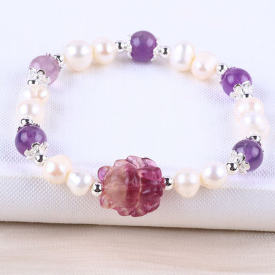 8mm Ametista Cristal Branco de Água Fresca Pulseira de Pérola