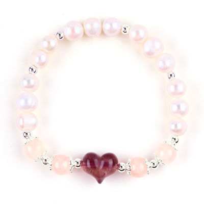 8MM Rosa Perla de Água Fresca Stretch Bracelet Coração Cristal Escultura
