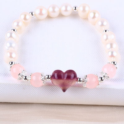 8MM Rosa Perla de Água Fresca Stretch Bracelet Coração Cristal Escultura