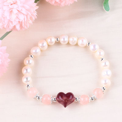 8MM Rosa Perla de Água Fresca Stretch Bracelet Coração Cristal Escultura