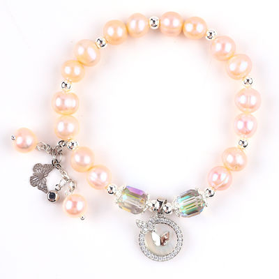 7mm Pink Pearl Stretch Bracelet com concha branca Aceita personalização
