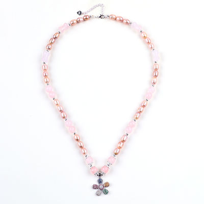 Colar de água doce de pérola de quartzo rosa 6 mm de contas de cristal Colar de suéter