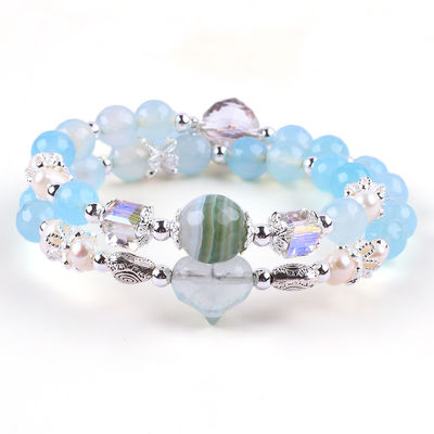8MM Multifatação Azul Ágata forma redonda de contas e água doce branco pérola bracelete ajustável