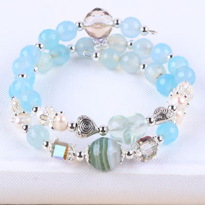 8MM Multifatação Azul Ágata forma redonda de contas e água doce branco pérola bracelete ajustável
