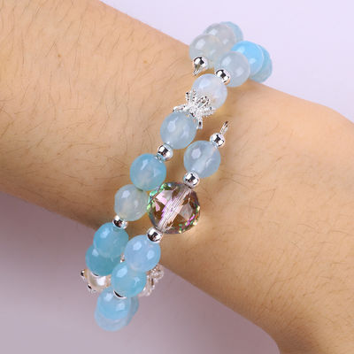 8MM Multifatação Azul Ágata forma redonda de contas e água doce branco pérola bracelete ajustável