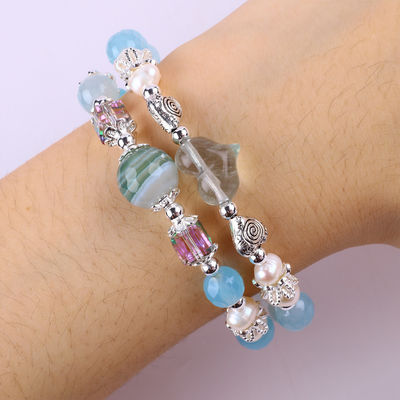 8MM Multifatação Azul Ágata forma redonda de contas e água doce branco pérola bracelete ajustável