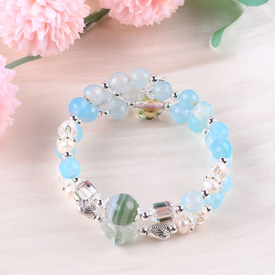 8MM Multifatação Azul Ágata forma redonda de contas e água doce branco pérola bracelete ajustável