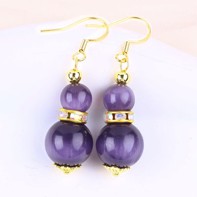 Olho de gato roxo gemstone drop brincos Dangle 8MM 10MM contas