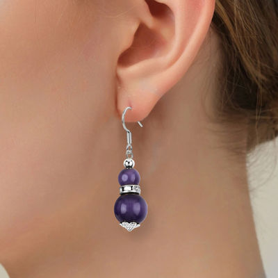 Brincos de pedra de cristal feitos à mão Olho de gato roxo Brincos de pendente de pedras preciosas