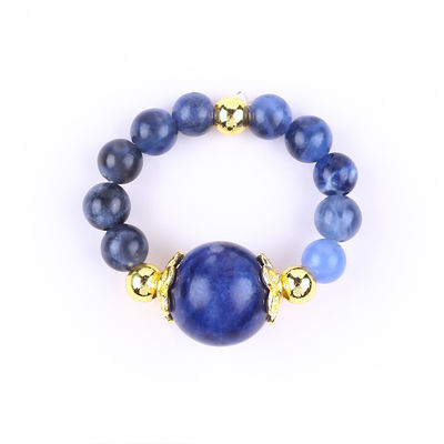 Cristal Natural 4MM Azul Sodalite Cobre Revestimento de Ouro Elastico Corda Anel Para Jóias Regalo