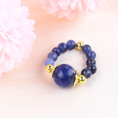 Cristal Natural 4MM Azul Sodalite Cobre Revestimento de Ouro Elastico Corda Anel Para Jóias Regalo
