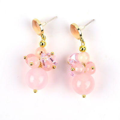 Pink Calcedonia Crystal Stone Unique DIY Pendente Oval Round Bead Stud brincos para uso diário