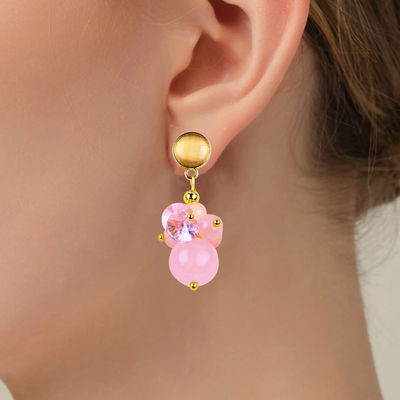 Pink Calcedonia Crystal Stone Unique DIY Pendente Oval Round Bead Stud brincos para uso diário