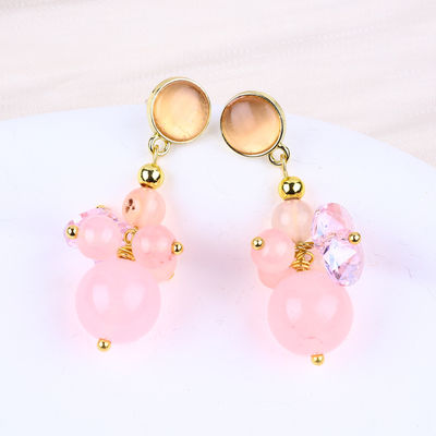 Pink Calcedonia Crystal Stone Unique DIY Pendente Oval Round Bead Stud brincos para uso diário