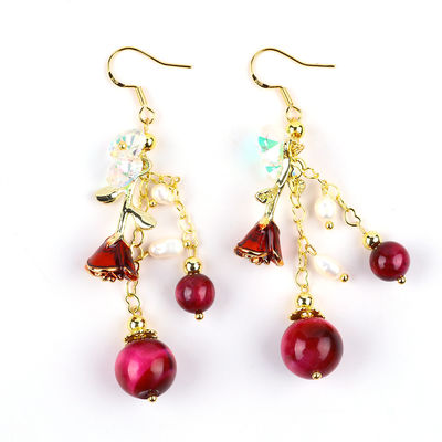 10MM 8MM Rosa Vermelho Olho de Tigre Cristal E Branca Pérola Com Rosa Flor Dangle Longo Brinco Para Festa E Usar Diariamente