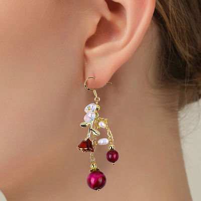 10MM 8MM Rosa Vermelho Olho de Tigre Cristal E Branca Pérola Com Rosa Flor Dangle Longo Brinco Para Festa E Usar Diariamente