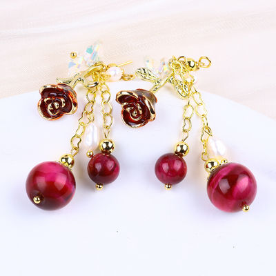 10MM 8MM Rosa Vermelho Olho de Tigre Cristal E Branca Pérola Com Rosa Flor Dangle Longo Brinco Para Festa E Usar Diariamente