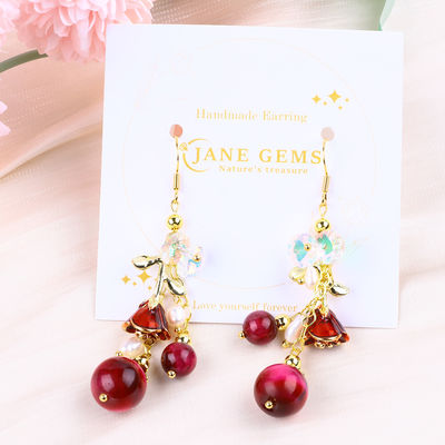 10MM 8MM Rosa Vermelho Olho de Tigre Cristal E Branca Pérola Com Rosa Flor Dangle Longo Brinco Para Festa E Usar Diariamente