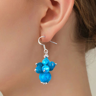 Pedra preciosa Apatita Delicada Cobre Placado em Prata Pedra de Cristal Natural Dangle Curto Flor de contas Brinco