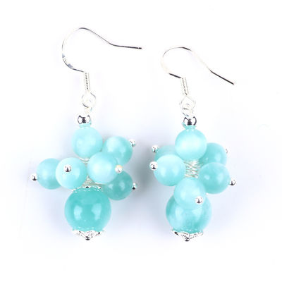 Madeira à mão Lago Luminoso Jade Azul Cura Espiritual Bolas Redondas Flor Dangle Brinco Para Jóias Regalo
