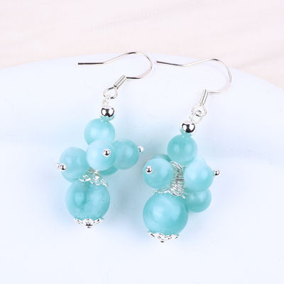 Madeira à mão Lago Luminoso Jade Azul Cura Espiritual Bolas Redondas Flor Dangle Brinco Para Jóias Regalo