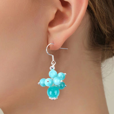 Madeira à mão Lago Luminoso Jade Azul Cura Espiritual Bolas Redondas Flor Dangle Brinco Para Jóias Regalo