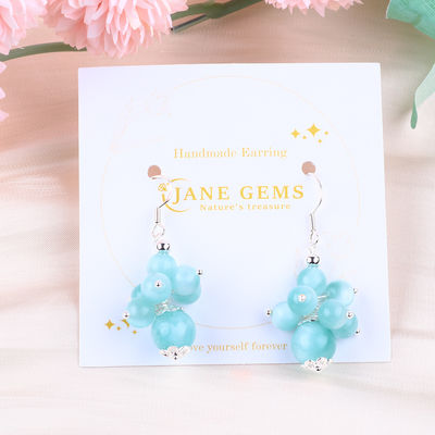 Madeira à mão Lago Luminoso Jade Azul Cura Espiritual Bolas Redondas Flor Dangle Brinco Para Jóias Regalo