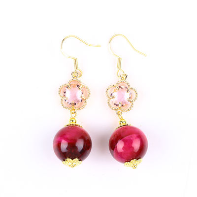 14MM Rosa Olho de Tigre Vermelho Com Flor Rosa Encanto Forma Redonda Curta Drop Brinco Para Presente de Festa