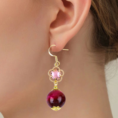 14MM Rosa Olho de Tigre Vermelho Com Flor Rosa Encanto Forma Redonda Curta Drop Brinco Para Presente de Festa