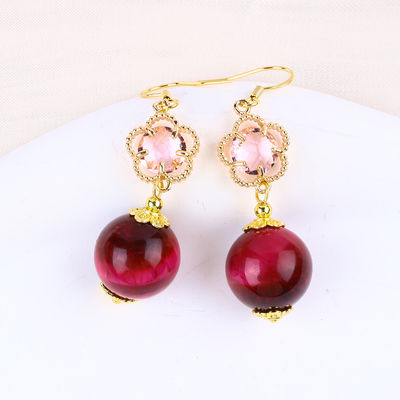 14MM Rosa Olho de Tigre Vermelho Com Flor Rosa Encanto Forma Redonda Curta Drop Brinco Para Presente de Festa