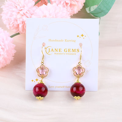14MM Rosa Olho de Tigre Vermelho Com Flor Rosa Encanto Forma Redonda Curta Drop Brinco Para Presente de Festa