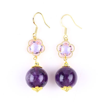 Amethyst feito à mão cristal natural 14MM Grande forma redonda coroado de pérolas orelha curto Dangle para joalharia presente
