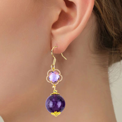 Amethyst feito à mão cristal natural 14MM Grande forma redonda coroado de pérolas orelha curto Dangle para joalharia presente