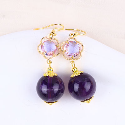 Amethyst feito à mão cristal natural 14MM Grande forma redonda coroado de pérolas orelha curto Dangle para joalharia presente