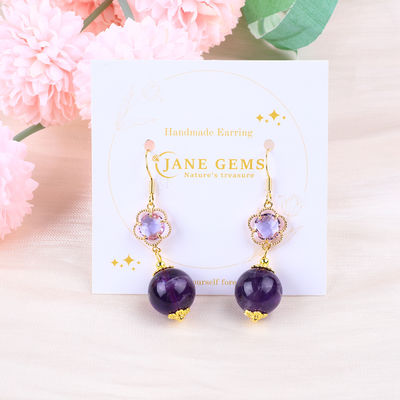 Amethyst feito à mão cristal natural 14MM Grande forma redonda coroado de pérolas orelha curto Dangle para joalharia presente